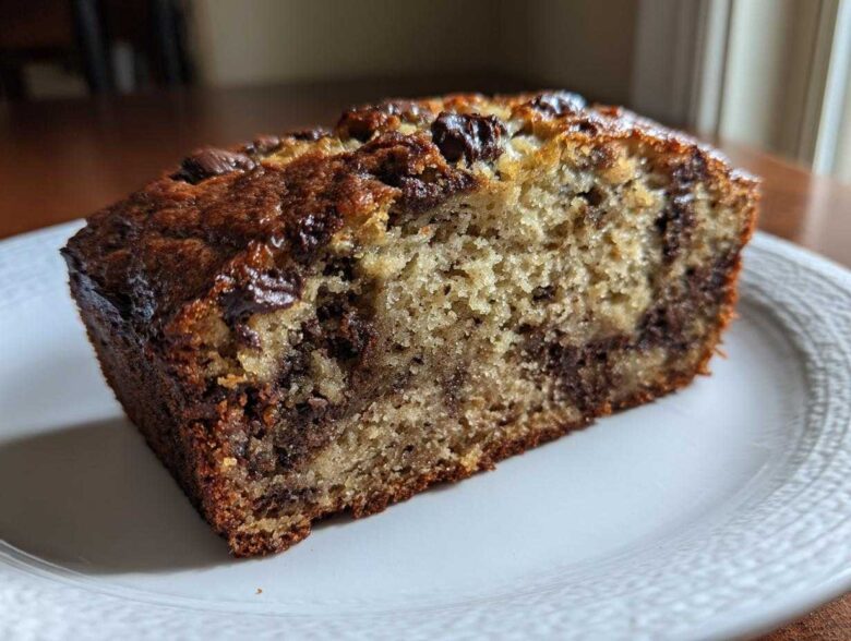Close-up of a moist slice of greek yogurt banana bread featuring visible chocolate chips throughout the crumb.