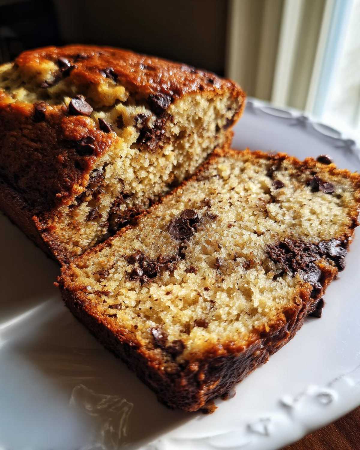 Close-up of moist greek yogurt banana bread loaf, sliced to show chocolate chips throughout the crumb.