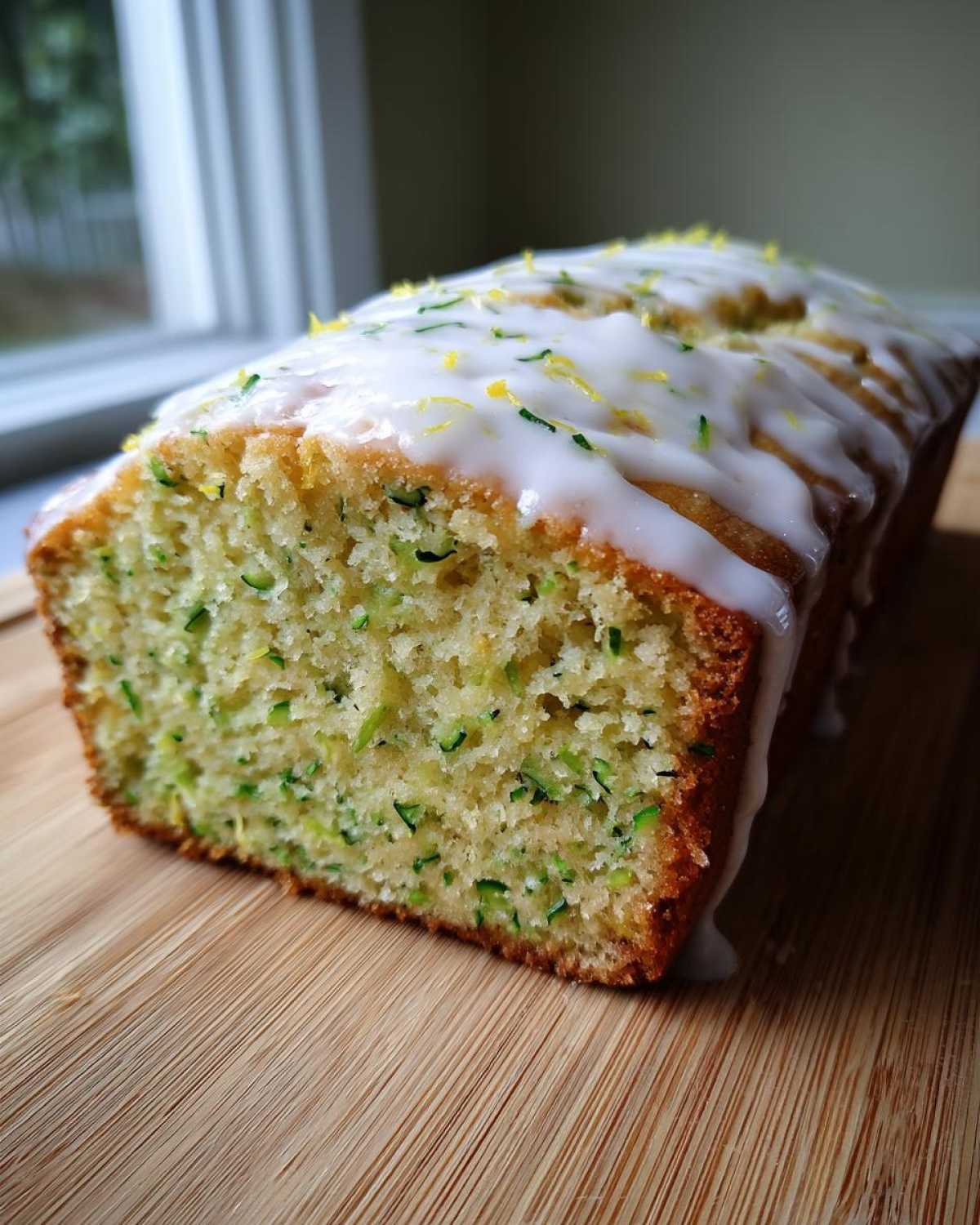 A close-up of a loaf of lemon zucchini bread, topped with white glaze and lemon zest.