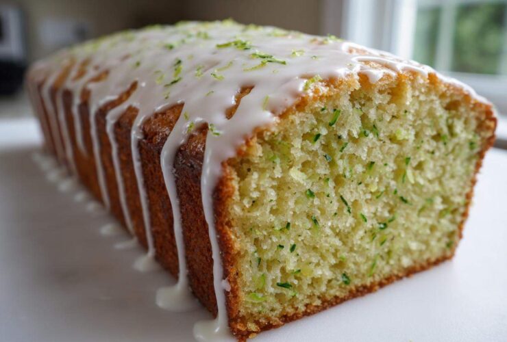 A close-up view of a freshly baked loaf of lemon zucchini bread topped with white glaze and zest.