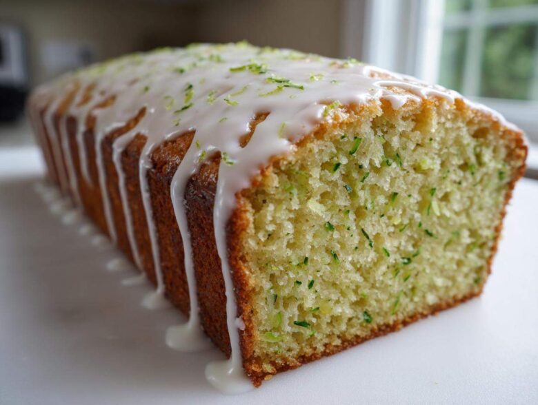 A close-up view of a freshly baked loaf of lemon zucchini bread topped with white glaze and zest.
