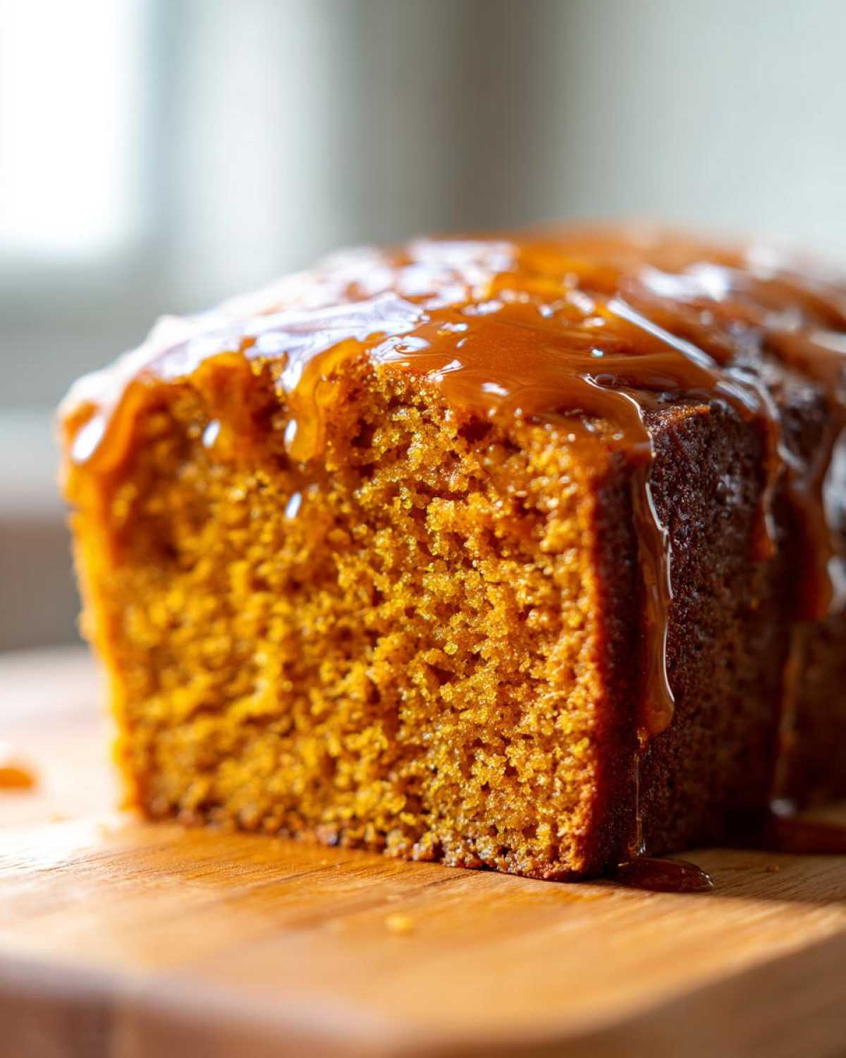 Close-up of a slice of moist, orange-hued sweet potato cornbread topped with flowing caramel glaze.