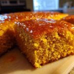 Close-up of a moist slice of bright orange sweet potato cornbread topped with a shiny glaze.
