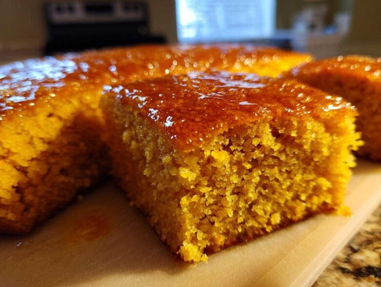 Close-up of a moist slice of bright orange sweet potato cornbread topped with a shiny glaze.