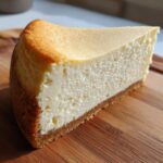 A thick, creamy slice of classic new york cheesecake with a golden brown top and graham cracker crust.