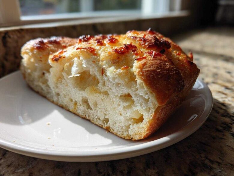 Close-up of a thick slice of airy, no knead bread with a golden, slightly charred topping, served on a white plate.