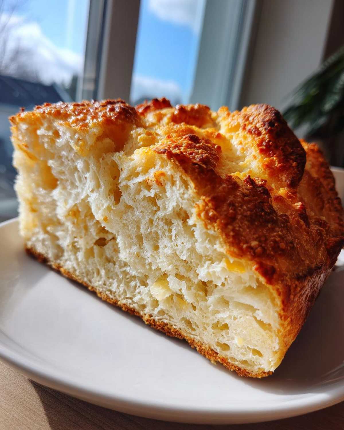 Close-up of a thick slice of no knead bread showing an open, airy crumb and a deeply browned, crunchy crust.