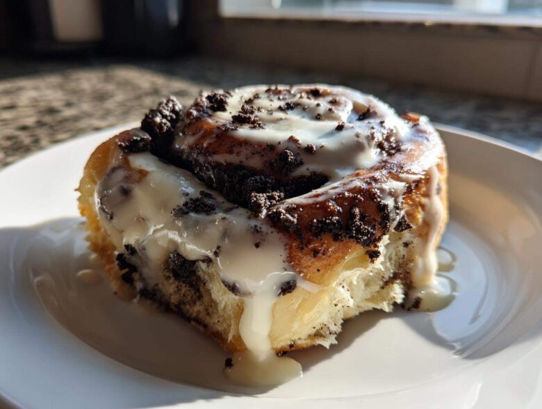 A single, decadent Oreo cinnamon rolls, drizzled with white icing and topped with crushed chocolate cookies, sitting on a white plate.