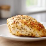 Close-up of a juicy, golden parmesan crusted chicken breast seasoned with herbs on a white plate.