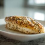 Close-up of a golden brown parmesan crusted chicken breast seasoned with herbs on a white plate.