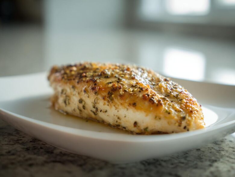 Close-up of a golden brown parmesan crusted chicken breast seasoned with herbs on a white plate.