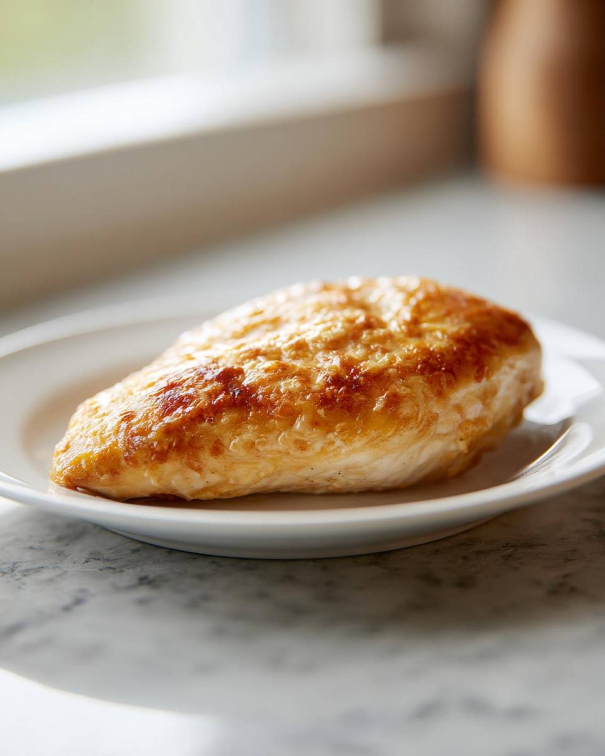 A perfectly cooked, golden brown parmesan crusted chicken breast resting on a white plate near a window.