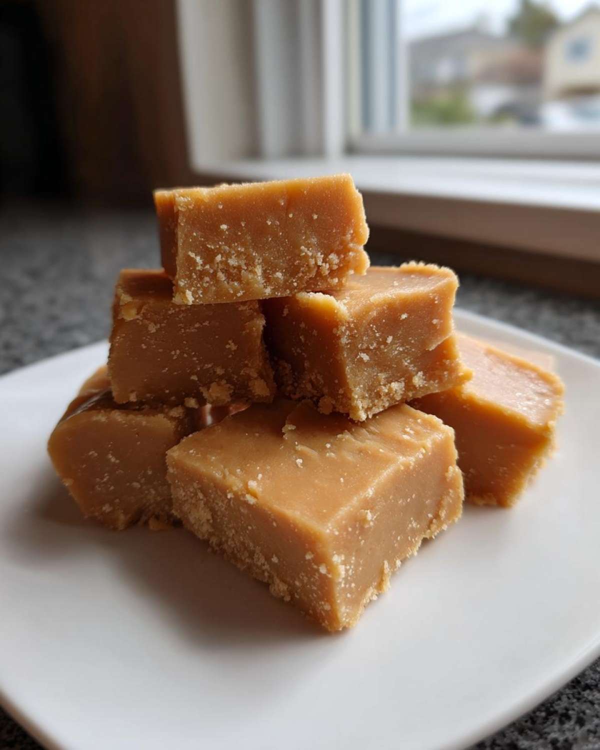 A stack of rich, golden-brown penuche fudge squares with slightly crumbly edges, served on a white plate.