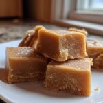 Close-up of several rich, brown squares of homemade penuche fudge stacked on a white plate.