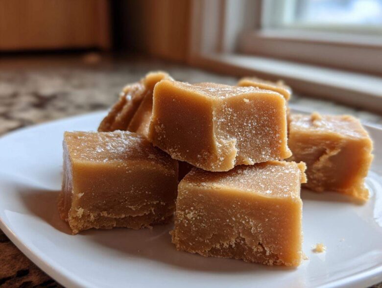 Close-up of several rich, brown squares of homemade penuche fudge stacked on a white plate.