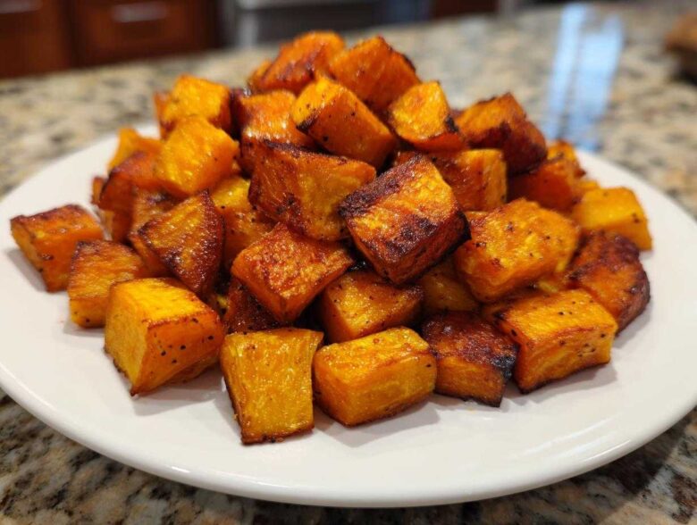 A pile of perfectly caramelized and seasoned roasted sweet potatoes cubes served on a white plate.
