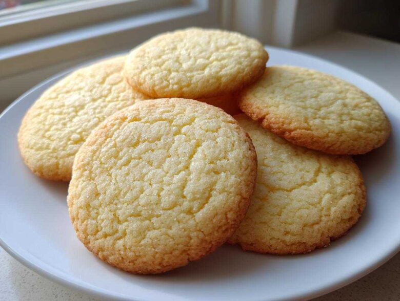 A stack of five golden-brown, round sugar cookies with a slightly crackled top, resting on a white plate.