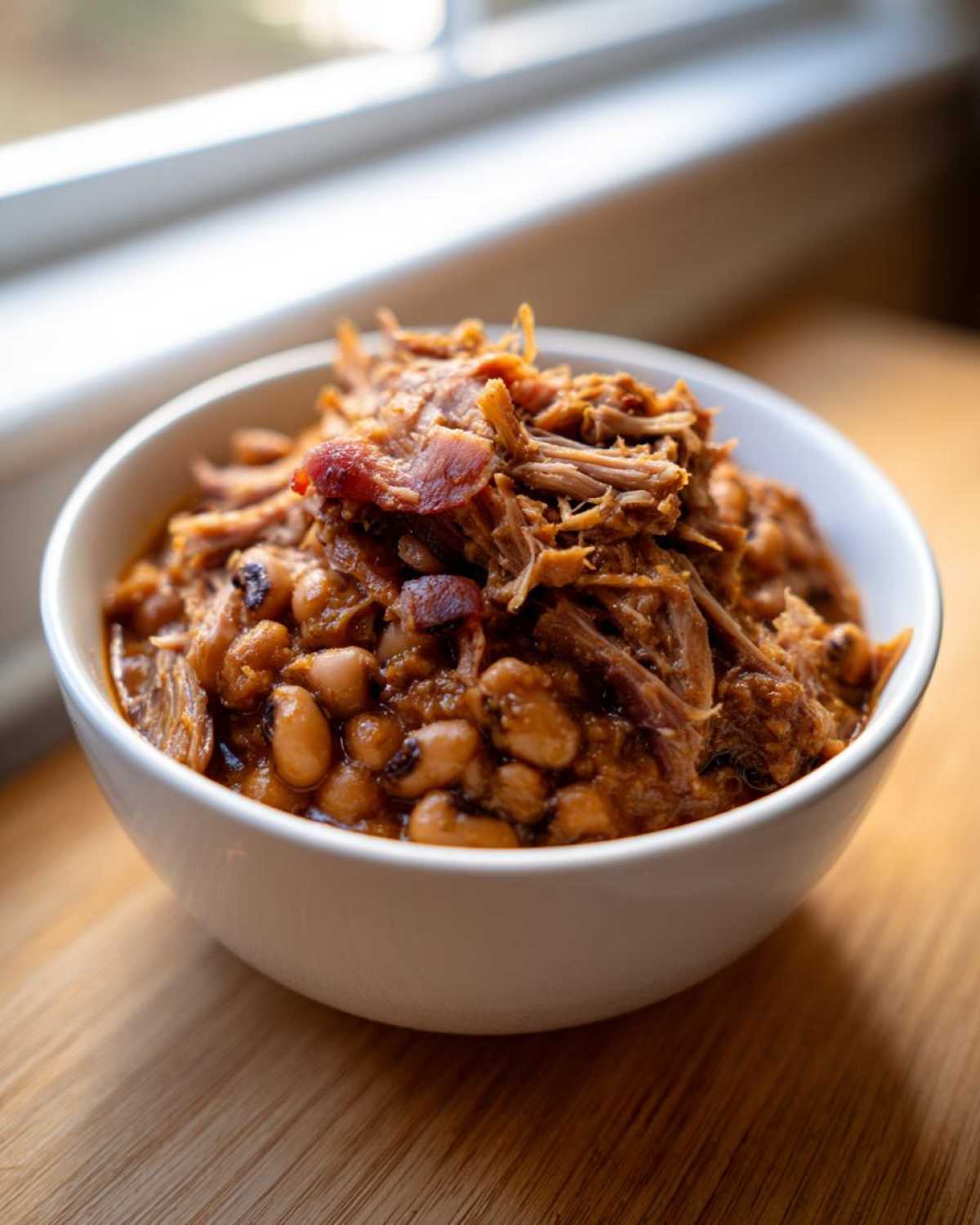 A white bowl filled with savory pulled pork and rich black eyed peas, sitting on a wooden surface near a window.