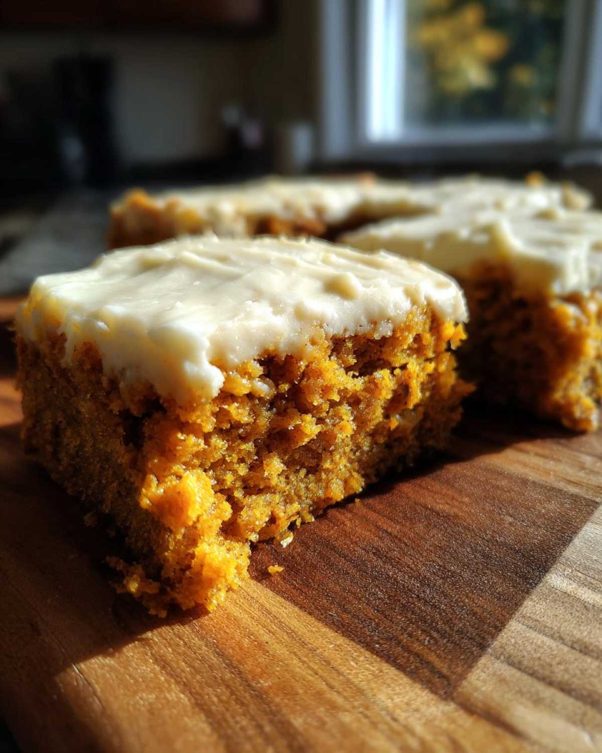 A close-up shot of a square slice of moist pumpkin bars with cream cheese frosting on a wooden board.