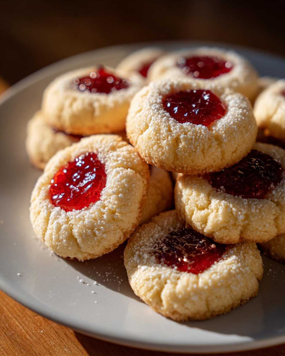 A close-up of several raspberry thumbprint cookies dusted with powdered sugar on a light gray plate.