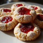 A stack of delicious raspberry thumbprint cookies dusted with powdered sugar on a white plate.