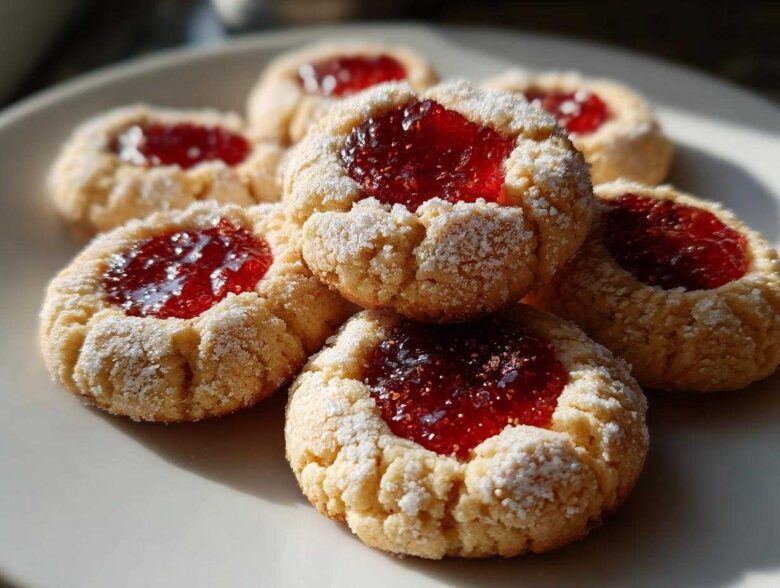 A stack of delicious raspberry thumbprint cookies dusted with powdered sugar on a white plate.