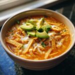 A close-up of a creamy, orange-hued chicken tortilla soup topped with melted cheese, crispy tortilla strips, and fresh avocado slices.