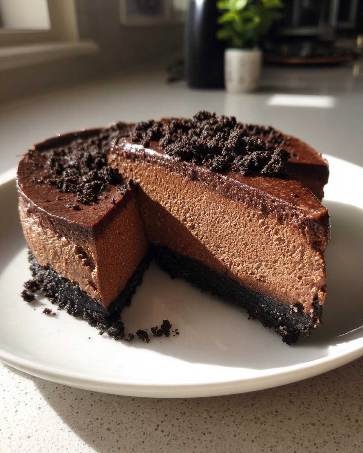 A thick slice of rich, creamy chocolate cheesecake with a dark crust and crumbled topping, sitting on a white plate.