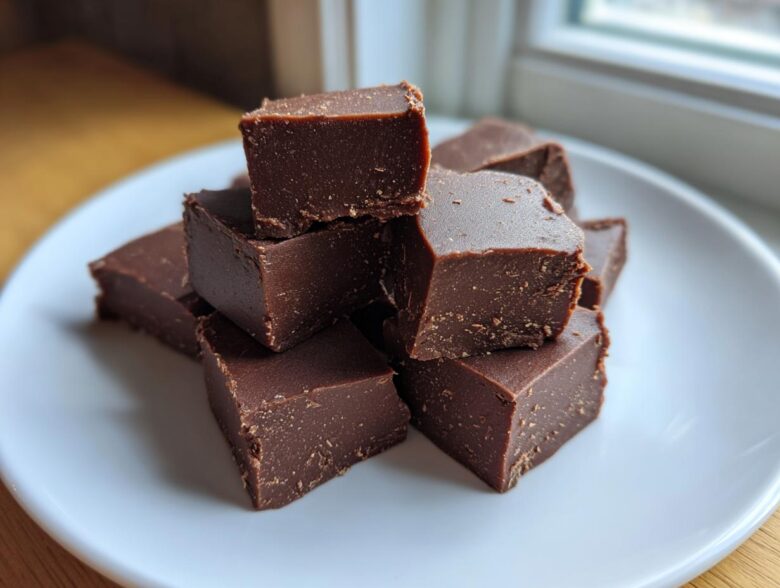 A stack of rich, dark chocolate fudge squares piled on a white plate near a bright window.