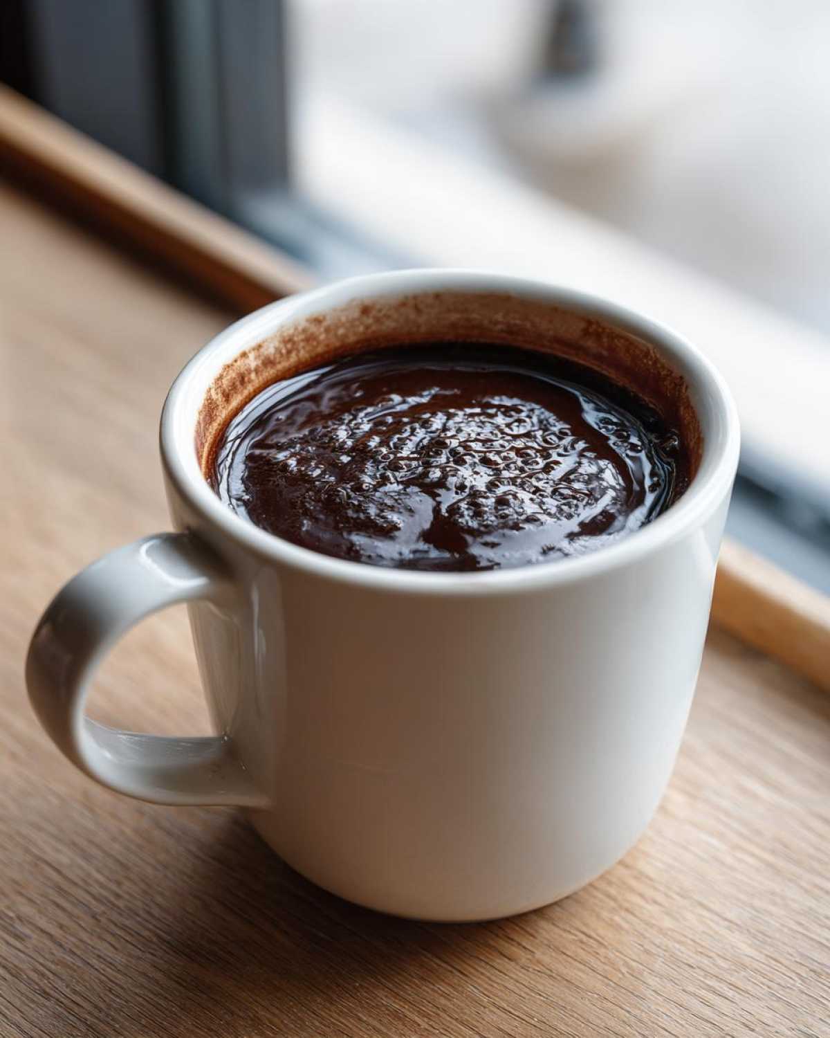 Close-up of thick, rich french hot chocolate in a white mug resting on a wooden surface near a window.