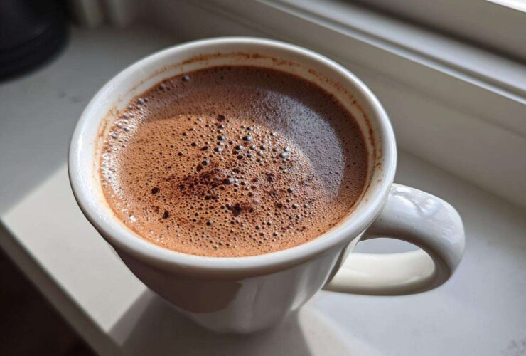 Close-up of rich, foamy mexican hot chocolate served in a white mug on a sunlit windowsill.