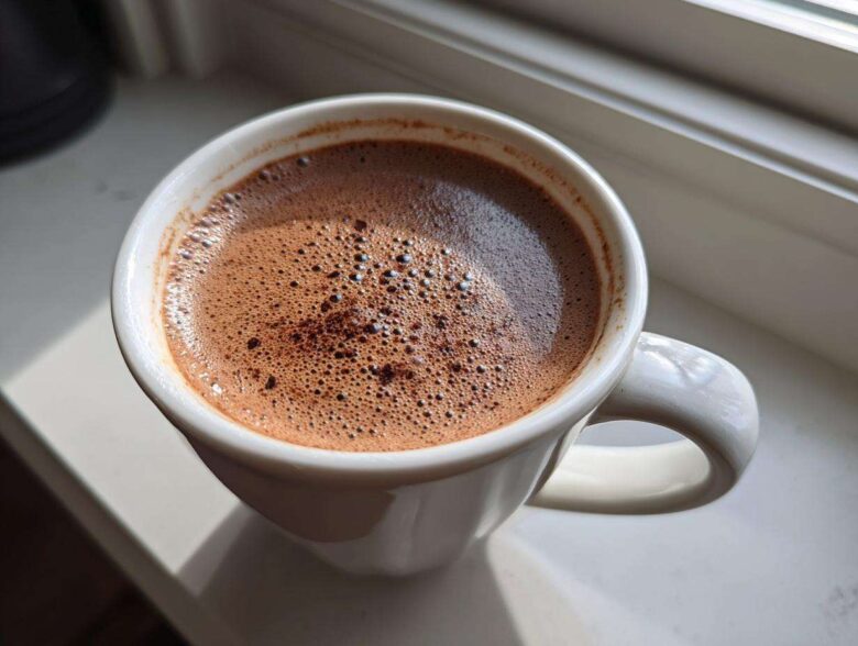 Close-up of rich, foamy mexican hot chocolate served in a white mug on a sunlit windowsill.