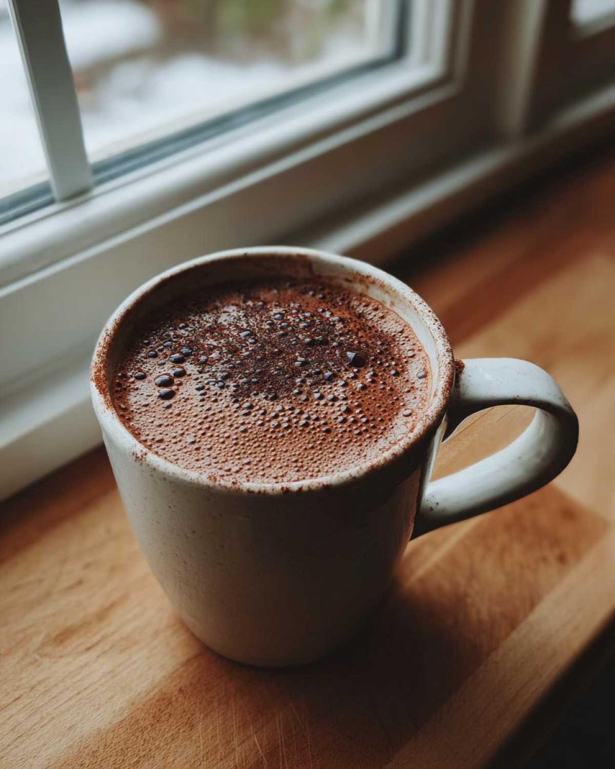 Close-up of rich mexican hot chocolate with foam and spice dusting in a ceramic mug by a window.