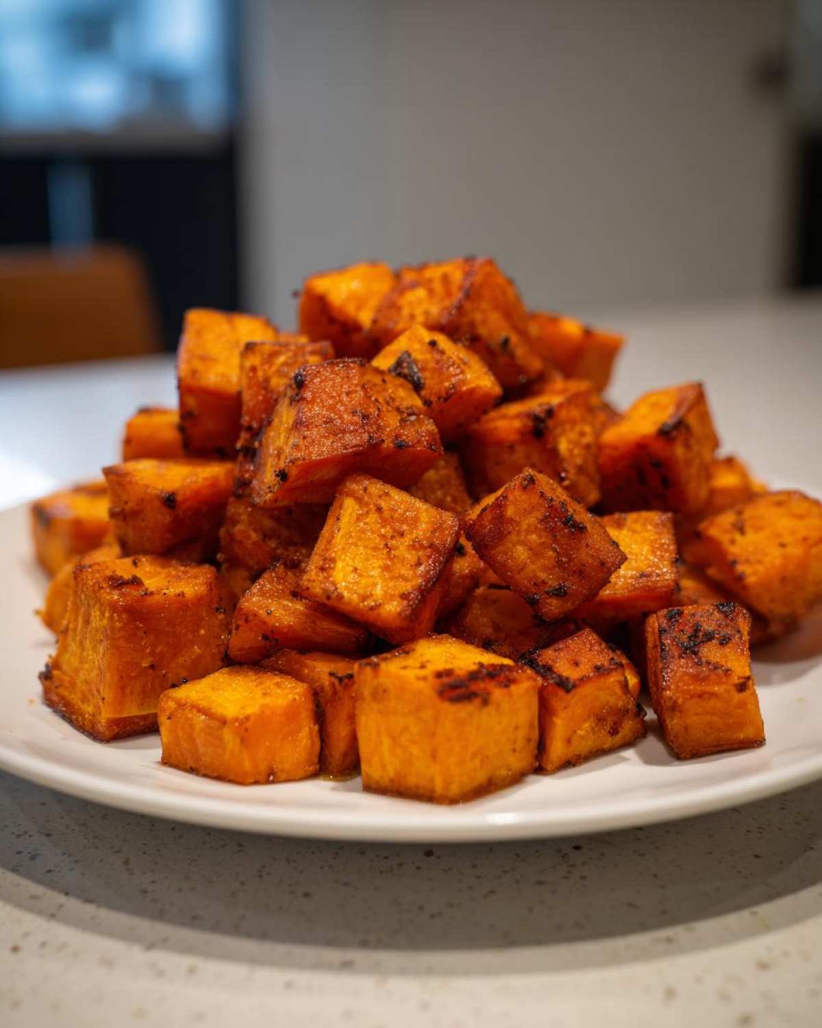 A mound of perfectly seasoned and caramelized roasted sweet potatoes cubes piled high on a white plate.