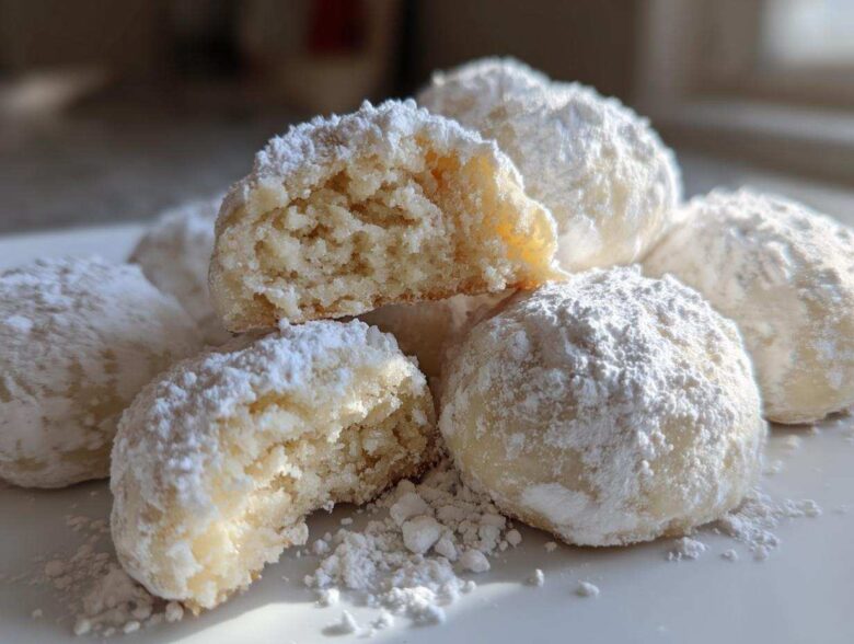 A close-up of several Russian tea cakes heavily dusted with powdered sugar, one is broken open showing the crumb.