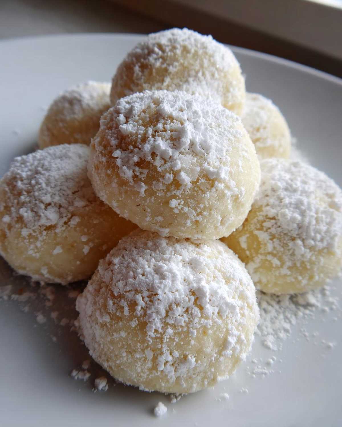 Close-up of several delicious Russian tea cakes piled on a white plate, heavily dusted with powdered sugar.