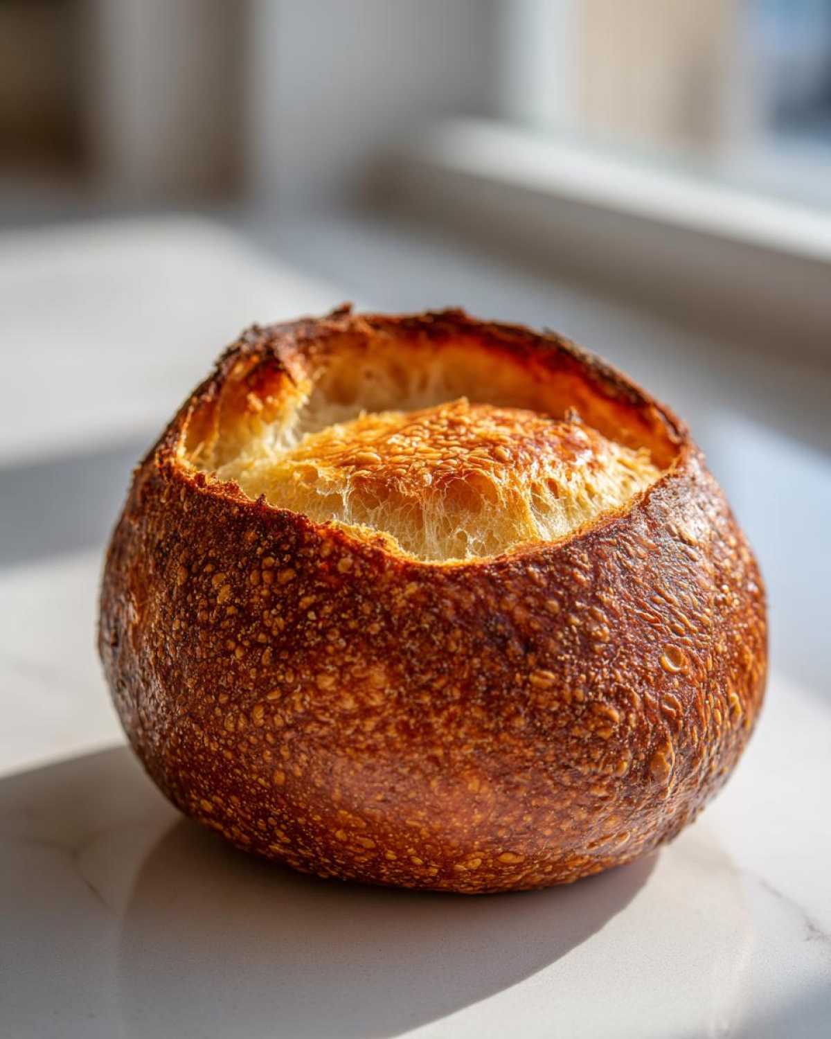 Close-up of a single, deeply browned, crusty bread bowl with the top sliced off, ready to be filled.