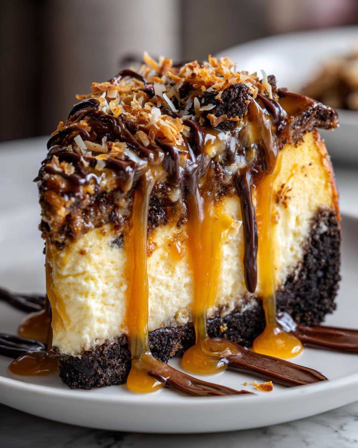 Close-up of a rich slice of Samoa Cheesecake with thick caramel and chocolate drizzles and toasted coconut topping.