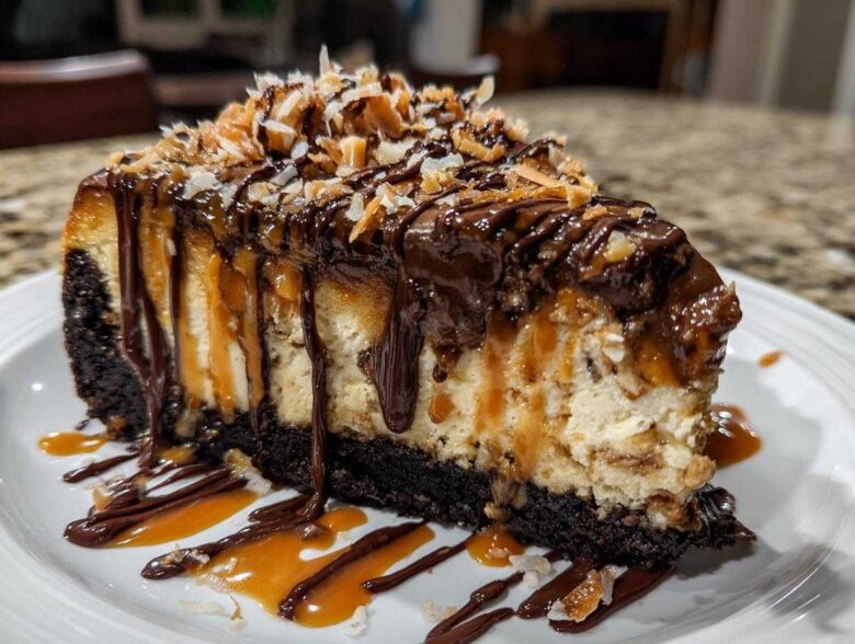 A rich slice of Samoa Cheesecake with a dark crust, drizzled heavily with chocolate and caramel, topped with toasted coconut.