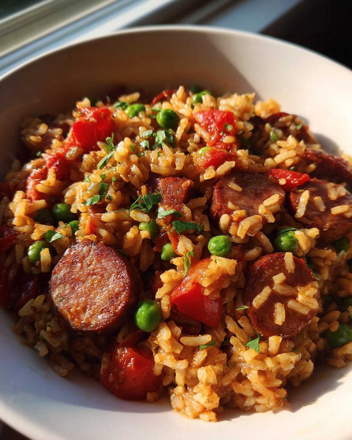 Close-up of a bowl filled with savory sausage and rice, mixed with peas and red peppers.