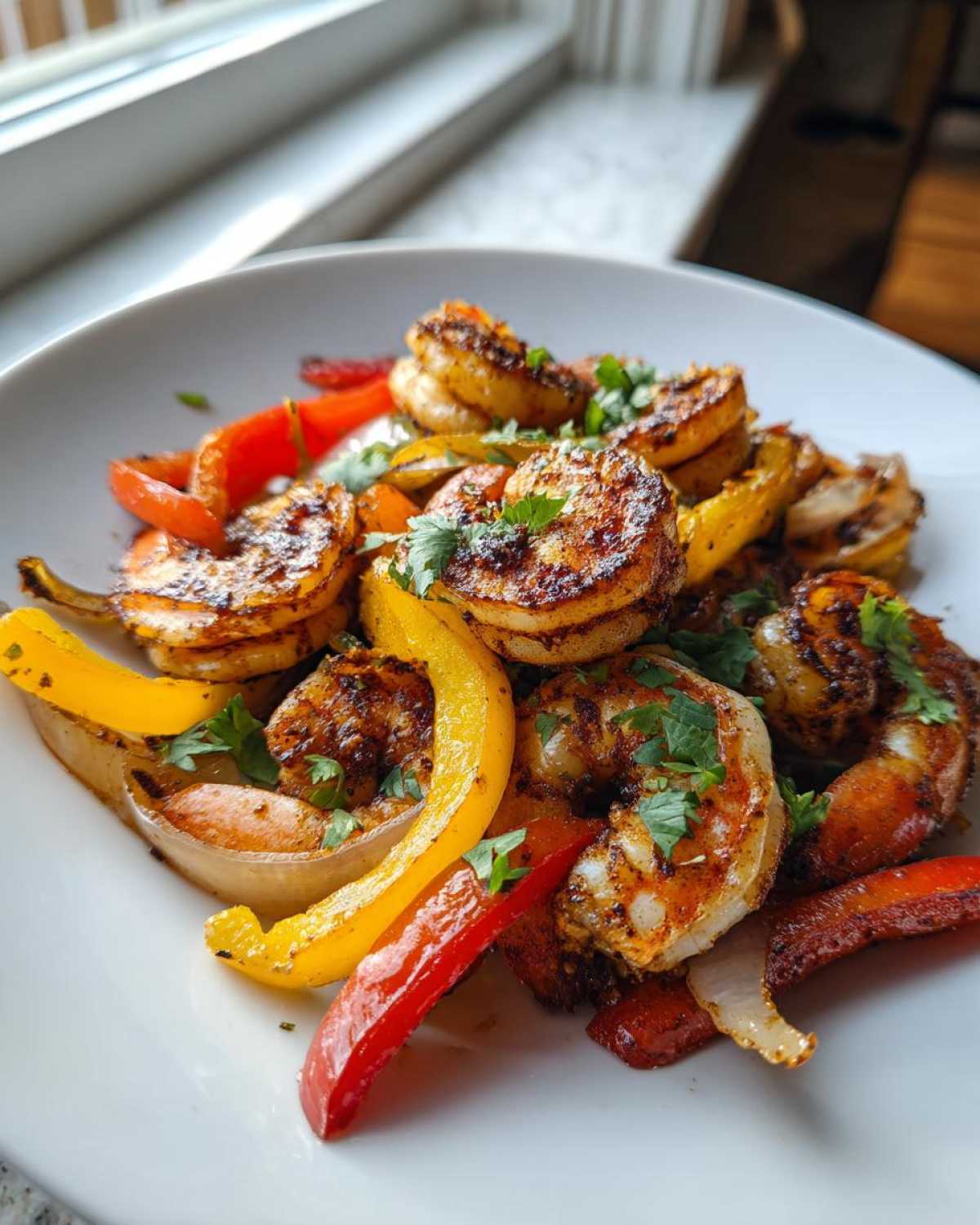 Close-up of seasoned shrimp fajitas with yellow and red bell peppers and onions on a white plate.