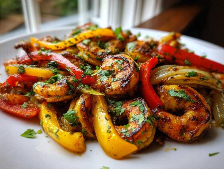 Close-up of perfectly seasoned shrimp fajitas mixed with red and yellow bell peppers and onions, garnished with cilantro.