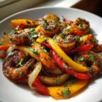 Close-up of seasoned shrimp fajitas with colorful bell peppers and onions, garnished with fresh cilantro.
