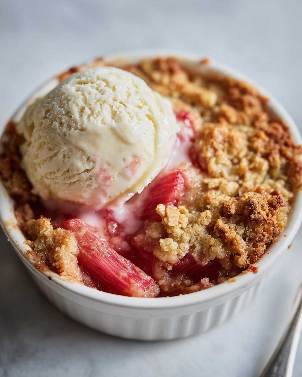 Close-up of a warm rhubarb crisp topped with a melting scoop of vanilla ice cream in a white ramekin.