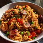 Close-up of a bowl of flavorful sausage and rice mixed with bright green peas and diced red tomatoes.