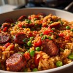 Close-up of a bowl of savory sausage and rice skillet dinner mixed with bright green peas and red tomatoes.