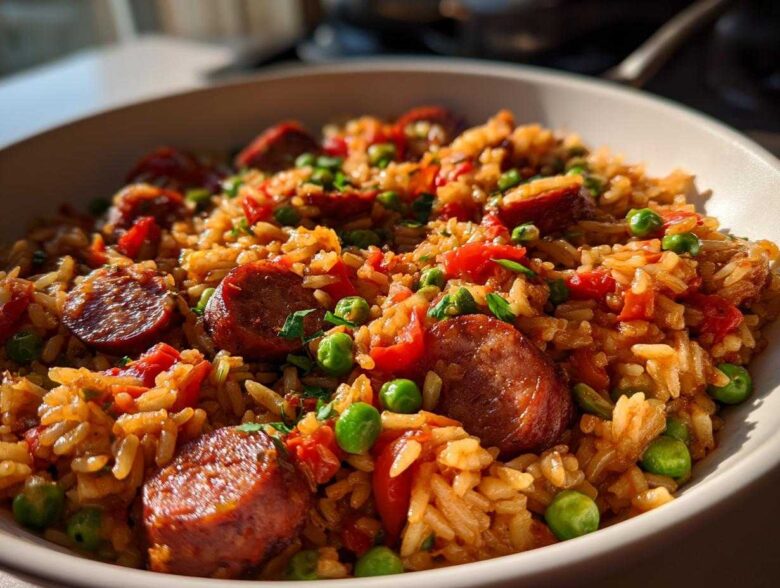 Close-up of a bowl of savory sausage and rice skillet dinner mixed with bright green peas and red tomatoes.