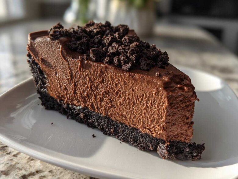 A thick slice of creamy chocolate cheesecake with a dark chocolate crust and crumbled topping.