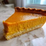 A close-up side view of a perfect slice of easy pumpkin pie showing the bright orange filling and golden crust.