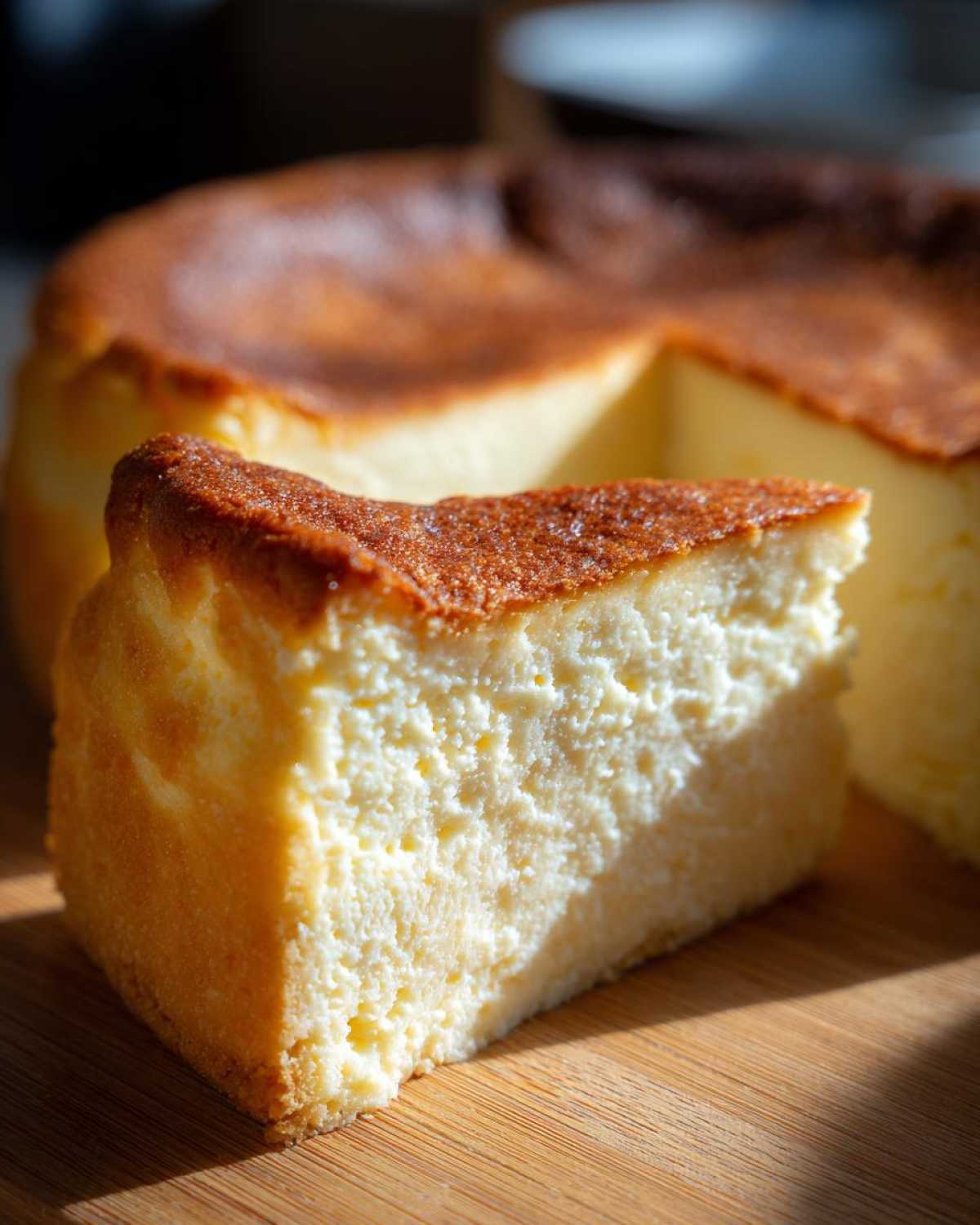 A close-up of a thick slice of creamy new york cheesecake with a deeply browned top, sitting on a wooden board.